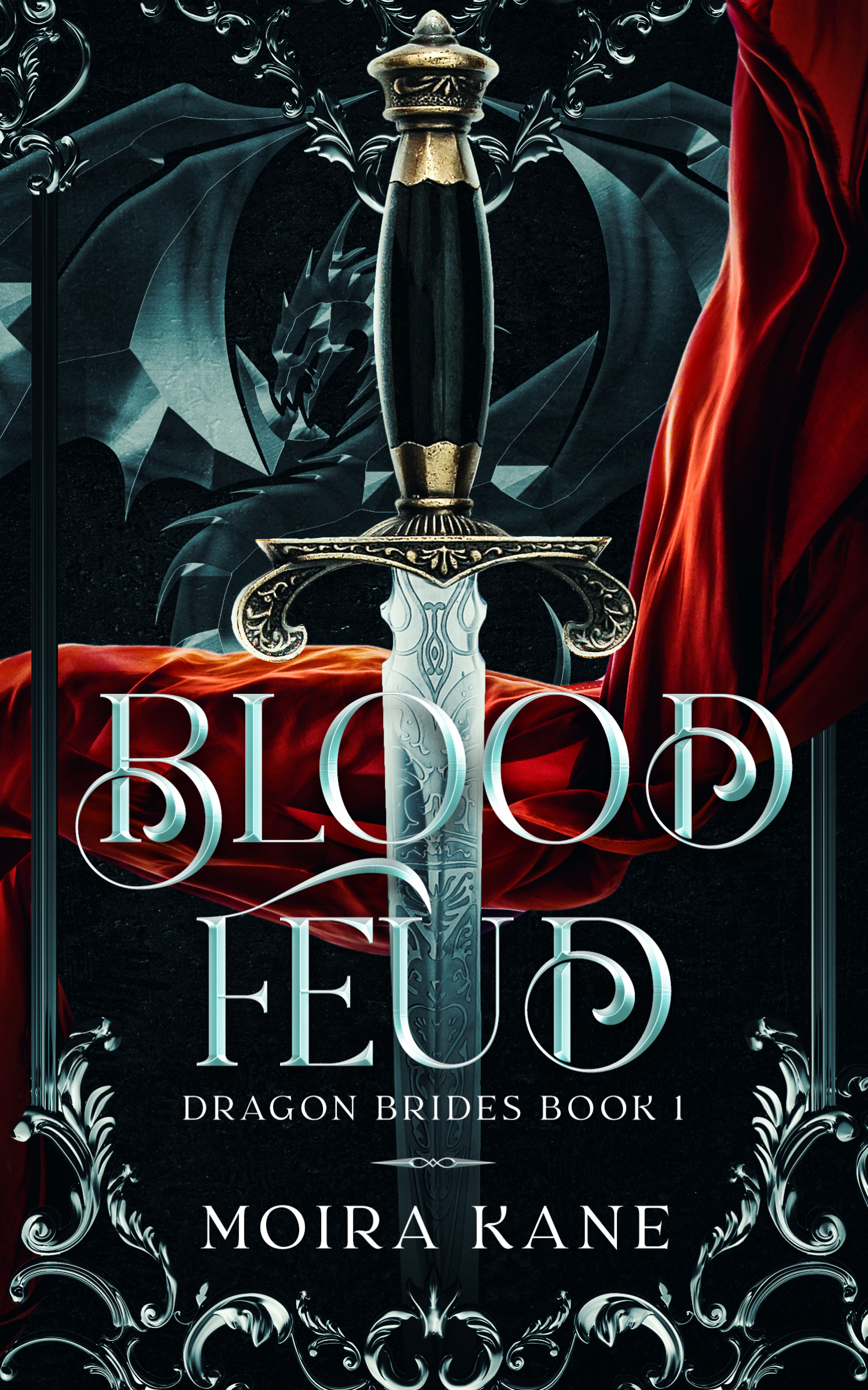 A sword slicing through a red ribbon. Image text reads Blood Feud by Moira Kane