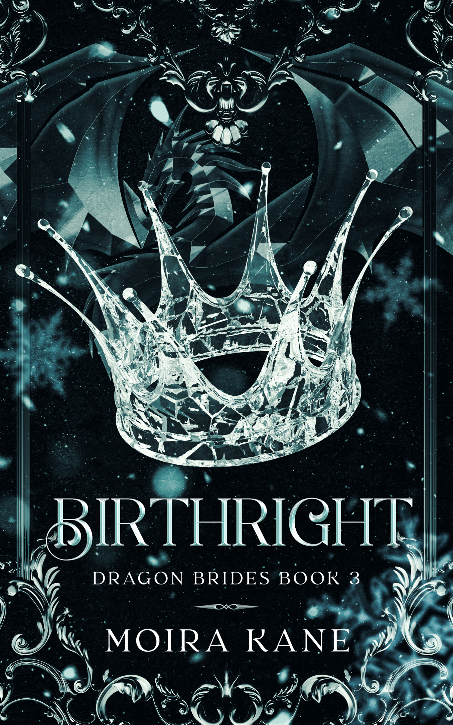Glass crown with snowflakes in the background. Image text reads Birthright by Moira Kane
