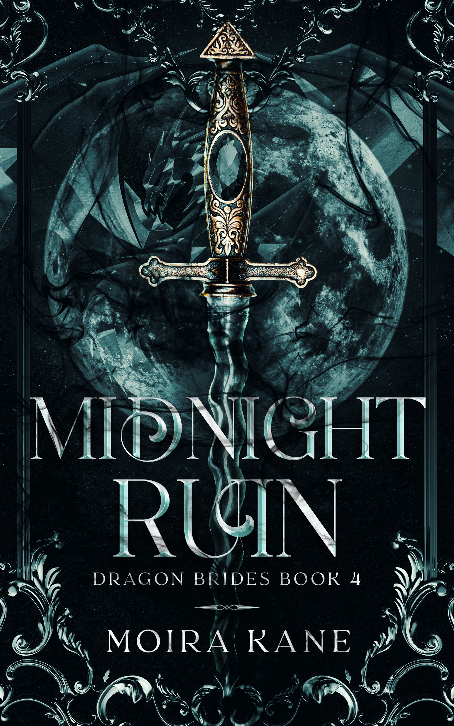 Black dagger with the full moon as a background. Image text reads Midnight Ruin by Moira Kane