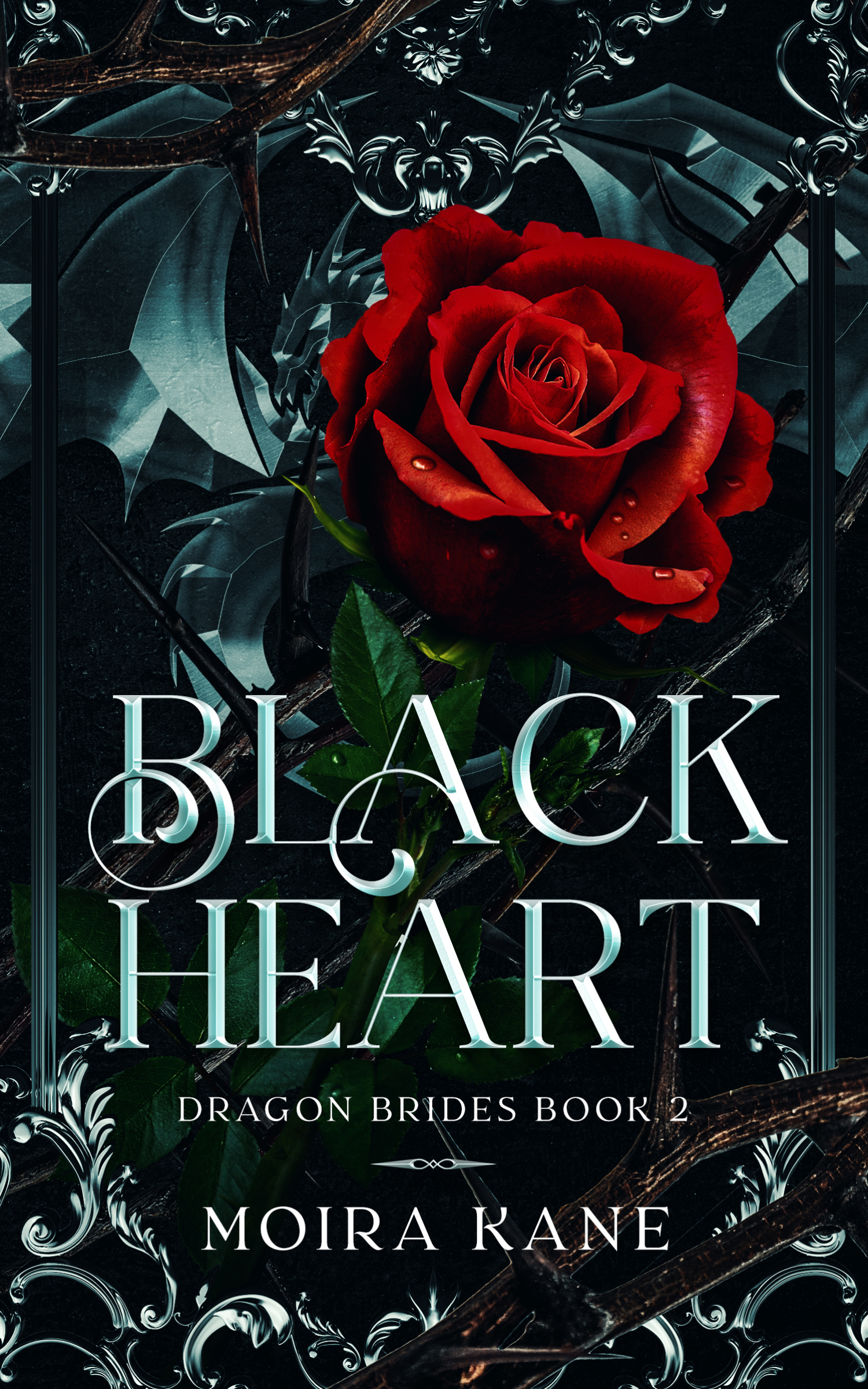 Red rose with sparkling crystal in the background. Image text reads Black Heart by Moira Kane
