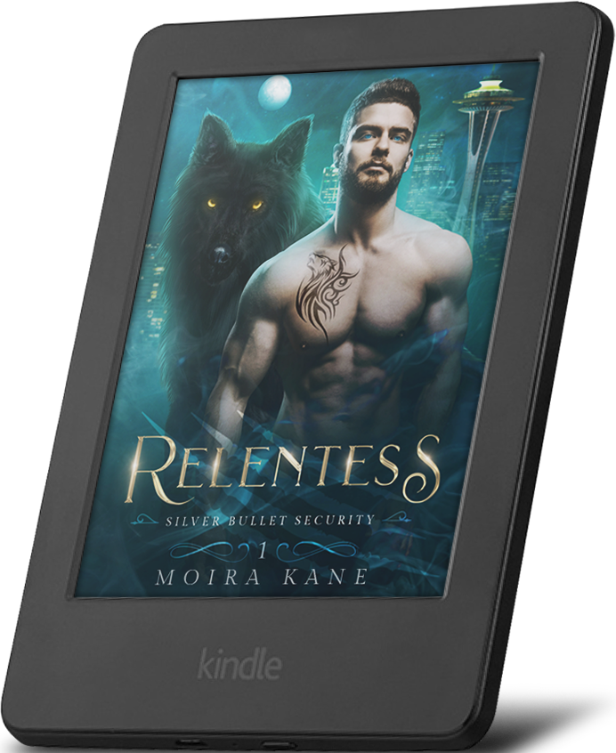 Black kindle with book cover displayed. Cover displays shirtless man and a wolf. Image text reads Relentless by Moira Kane